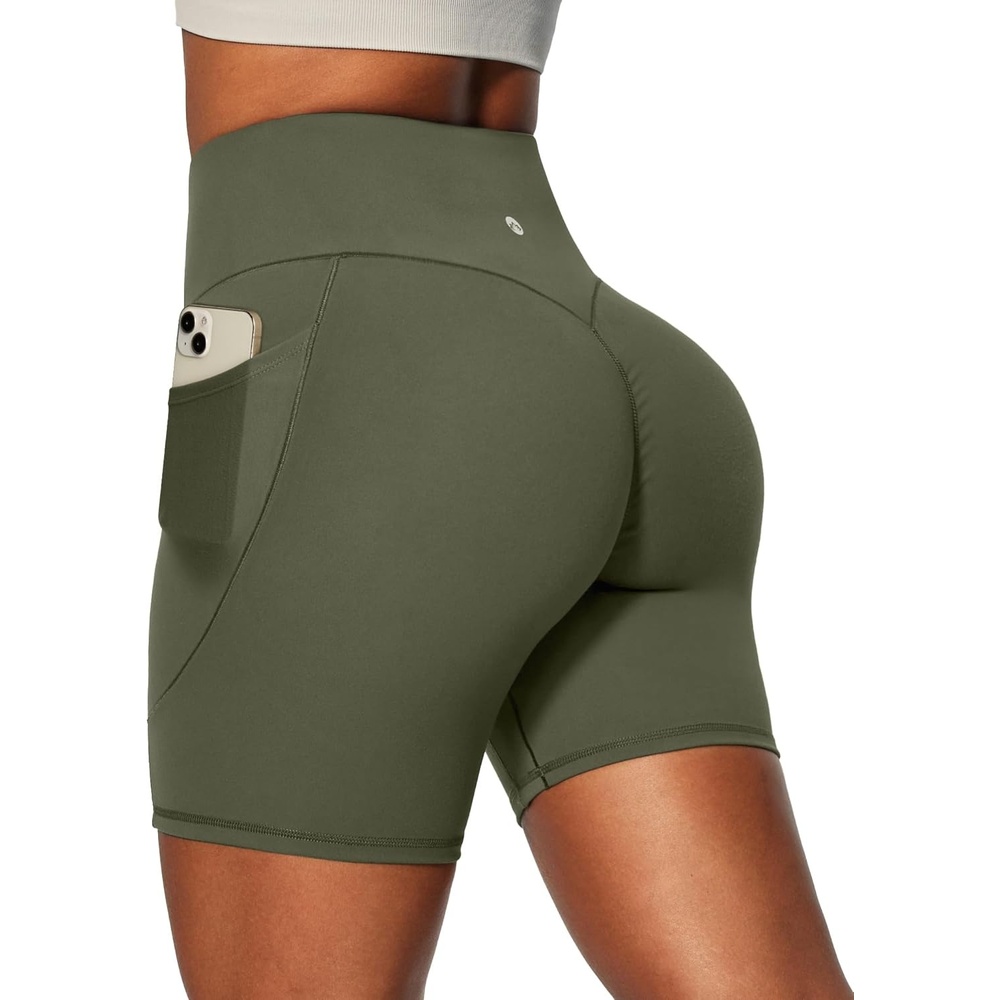 image:imageHeathyoga Biker Shorts Women Tummy Control 6 Butt Lifting Workout Shorts with Pockets Compression Yoga Shorts Spandex GymOlive Green