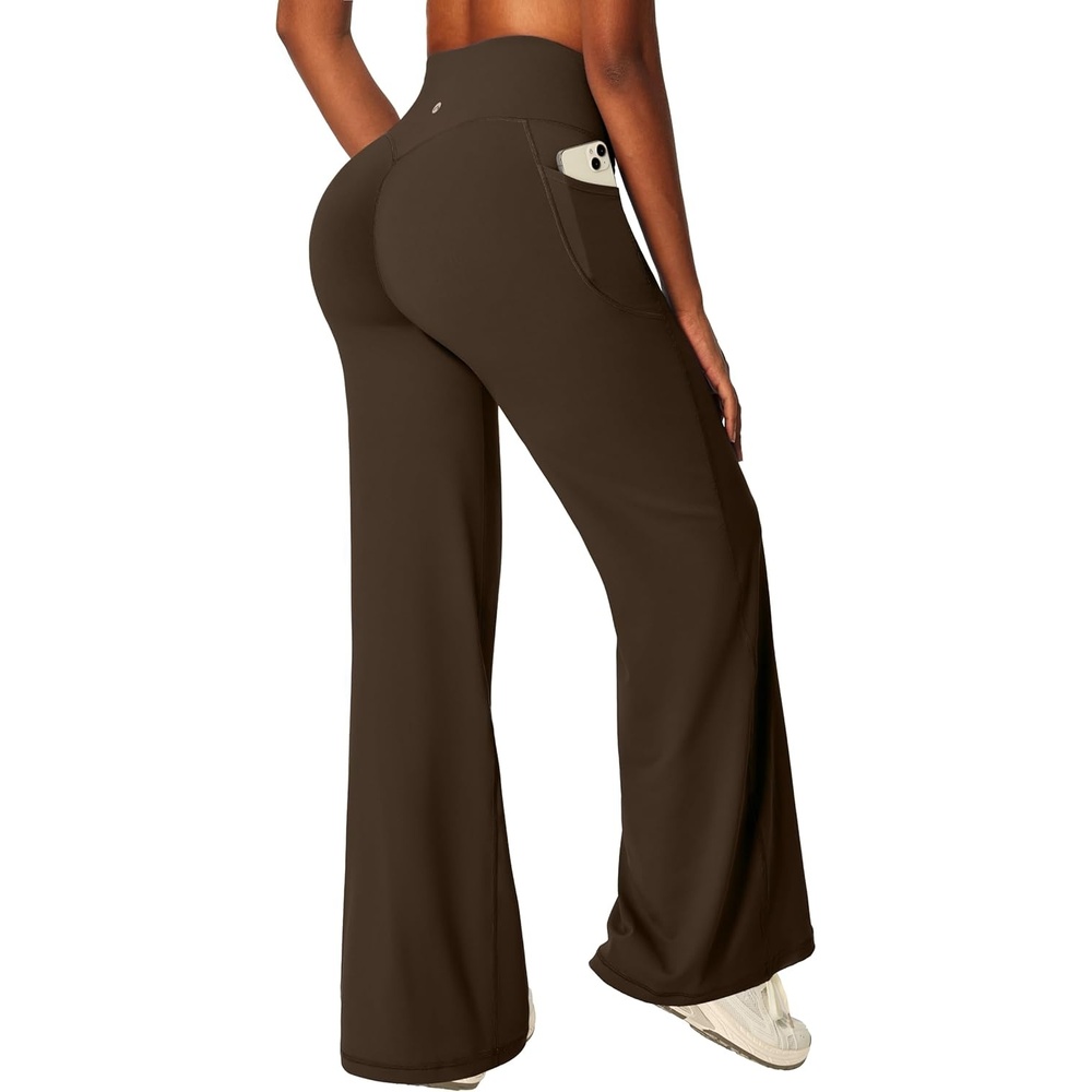 image:imageHeathyoga Butt Lifting Wide Leg Leggings with Pockets for Women Straight Leg Yoga Pants Women No Front Seam Workout LeggingsBrown