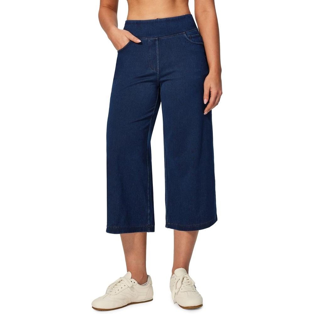image:imageHeathyoga Capri Jeans for Women Stretchy High Waisted Denim Capris for Women Pull On Cropped Jeans Wide Leg Capri PantsDark Blue