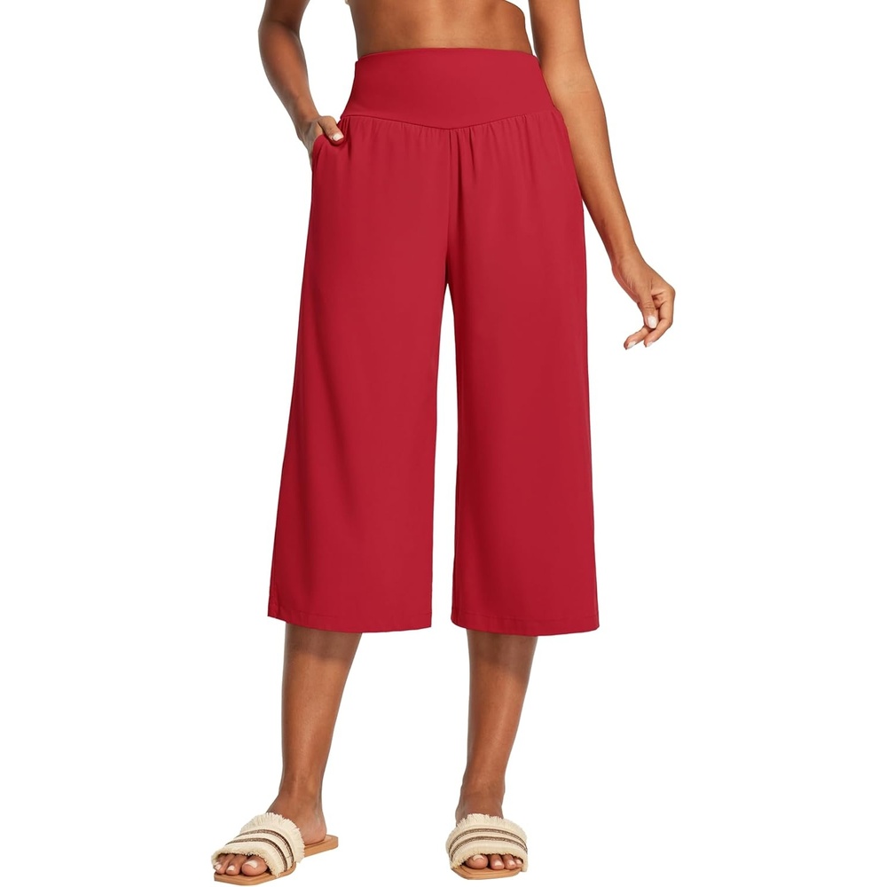image:imageHeathyoga Capri Pants for Women Wide Leg Casual Pants for Women High Waist Lightweight Capris for Summer with Pockets LoungeRed