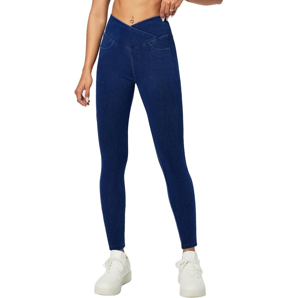 image:imageHeathyoga Crossover Jeggings for Women Tummy Control Pull on Stretchy Jeans for Women High Waisted Skinny JeansDark Blue