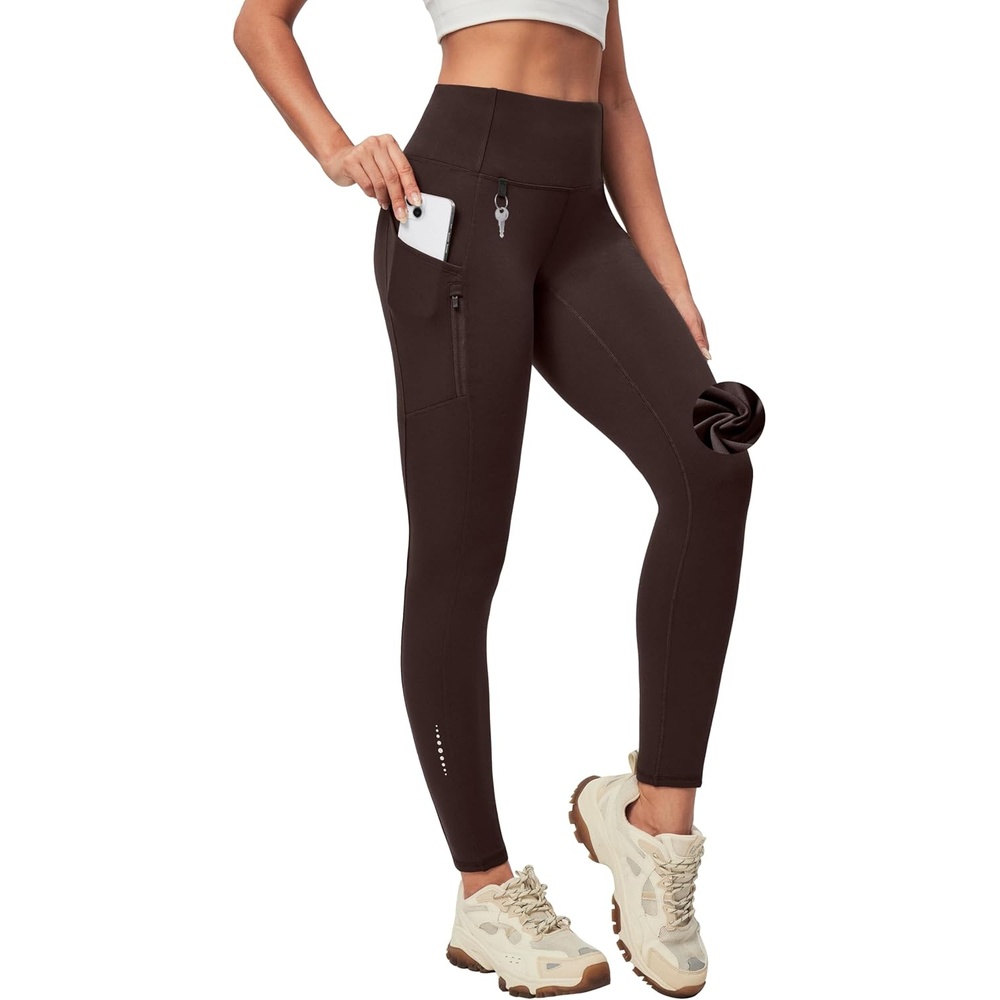 image:imageHeathyoga Fleece Lined Leggings Women with Pockets Waterproof Hiking Pants Women Warm Thermal Leggings Winter Pants RunningChocolate Brown