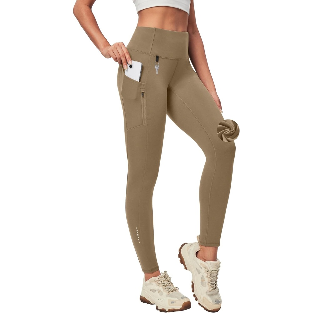image:imageHeathyoga Fleece Lined Leggings Women with Pockets Waterproof Hiking Pants Women Warm Thermal Leggings Winter Pants RunningKhaki