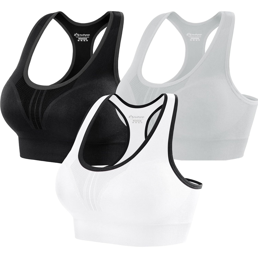 image:imageHeathyoga High Impact Sports Bras for Women High Support Padded Sports Bra Pack Racerback Bras for Women Workout Bra Sets3 Packsblackwhitegray