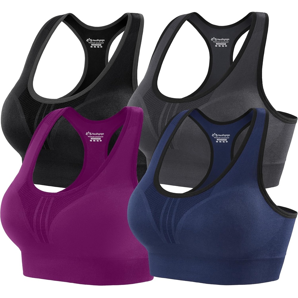 image:imageHeathyoga High Impact Sports Bras for Women High Support Padded Sports Bra Pack Racerback Bras for Women Workout Bra Sets4 Packsblackbluegreymagenta Purple