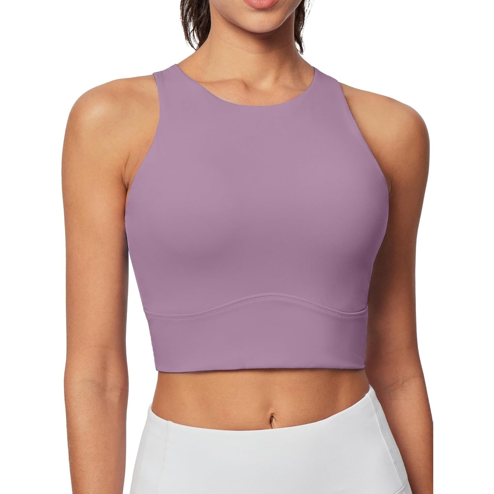 image:imageHeathyoga Longline Sports Bras for Women High Neck Tank Tops with Built in Bras Workout Tops for Women Racerback Yoga BraMauve