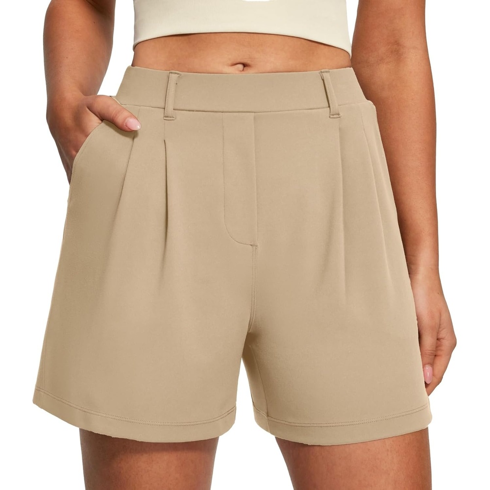 image:imageHeathyoga Stretchy Dress Shorts for Women Pull On Womens Shorts Dressy Casual High Waisted Summer Work Shorts Business CasualKhaki