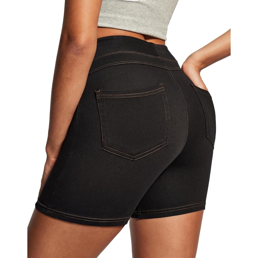 image:imageHeathyoga Stretchy Jean Shorts Womens High Waisted Denim Shorts for Women with Pockets Pull On Jorts Casual Womens ShortsBlack