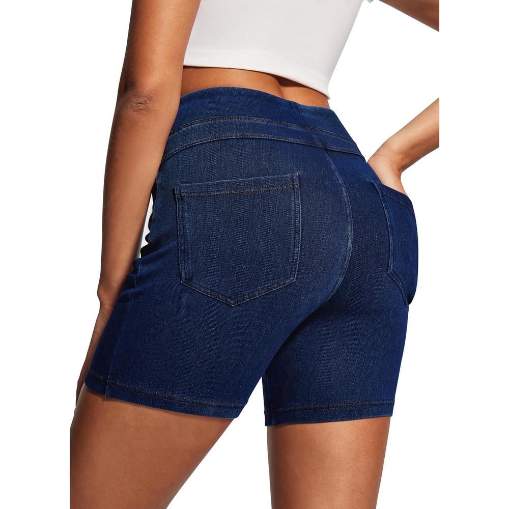 image:imageHeathyoga Stretchy Jean Shorts Womens High Waisted Denim Shorts for Women with Pockets Pull On Jorts Casual Womens ShortsDark Blue