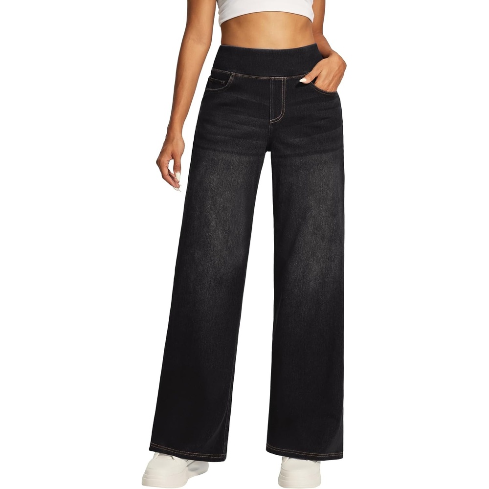 image:imageHeathyoga Wide Leg Jeans Woman High Waist Pull On Baggy Jeans for Women Stretchy Jean Pants Straight Leg Denim PantsClassic Black Whisker