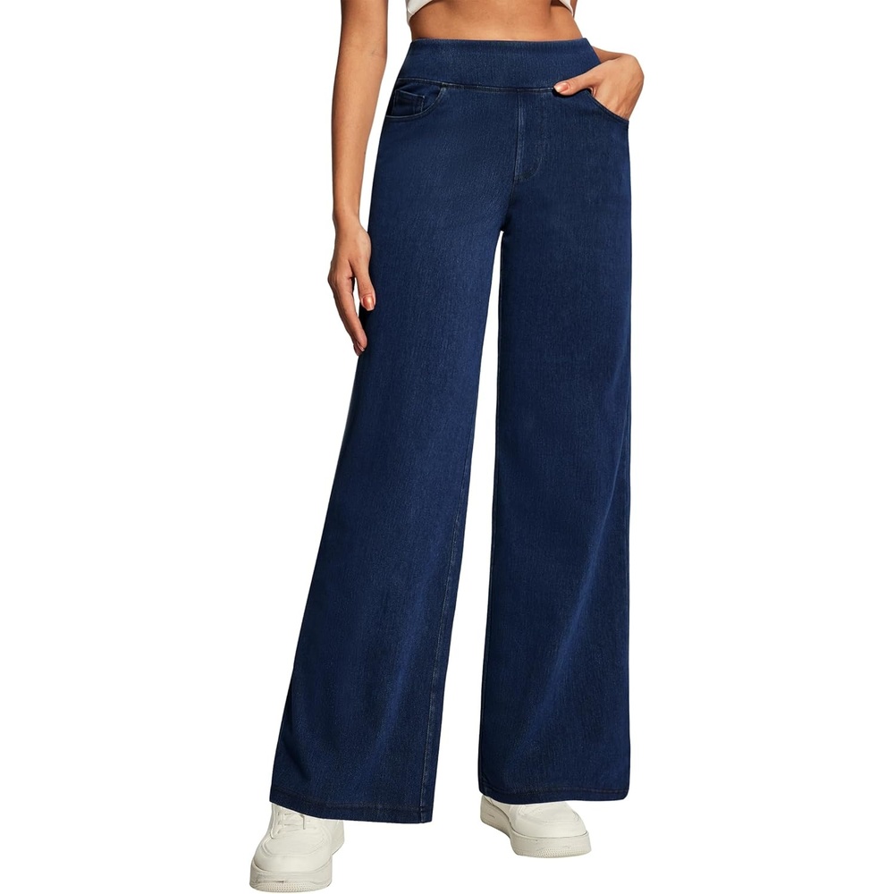 image:imageHeathyoga Wide Leg Jeans Woman High Waist Pull On Baggy Jeans for Women Stretchy Jean Pants Straight Leg Denim PantsDark Blue