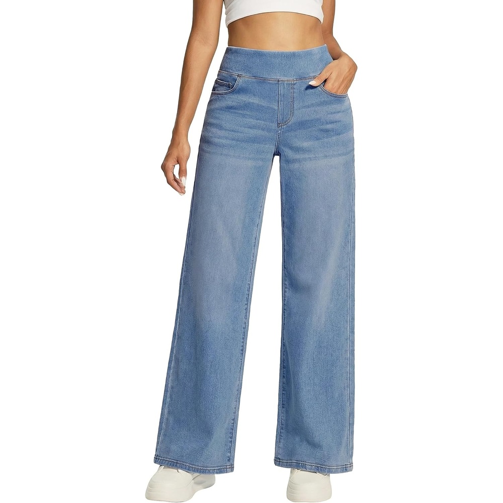 image:imageHeathyoga Wide Leg Jeans Woman High Waist Pull On Baggy Jeans for Women Stretchy Jean Pants Straight Leg Denim PantsFaded Blue Whisker