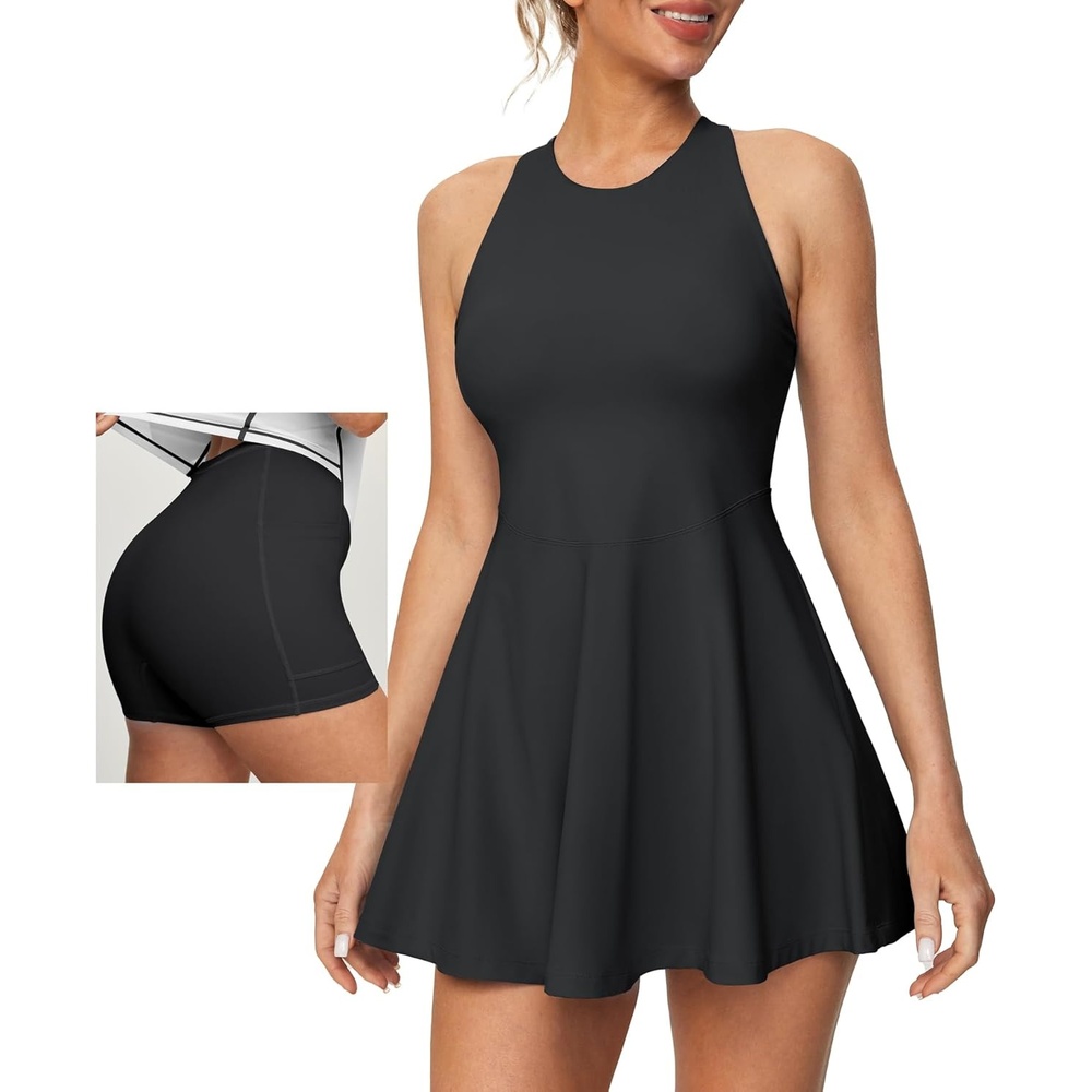 image:imageHeathyoga Womens Tennis Dress with Shorts Underneath Athletic Dress for Women Summer Romper Dresses with Pockets Golf OutfitsBlack