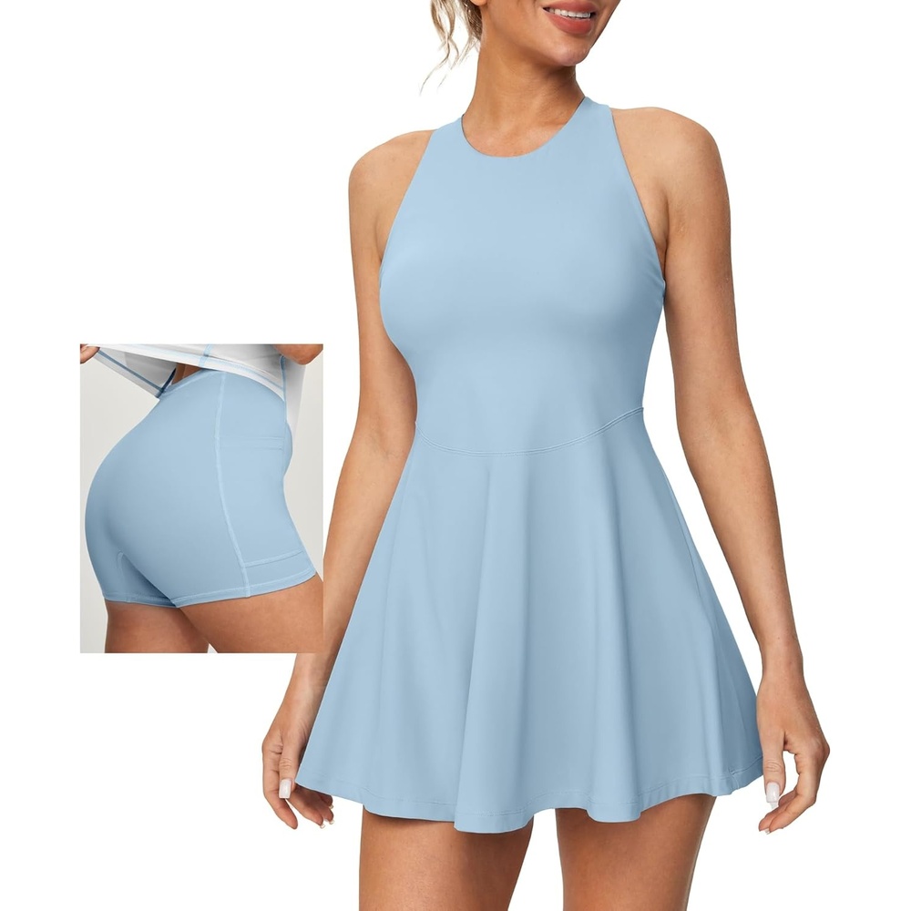 image:imageHeathyoga Womens Tennis Dress with Shorts Underneath Athletic Dress for Women Summer Romper Dresses with Pockets Golf OutfitsLight Blue