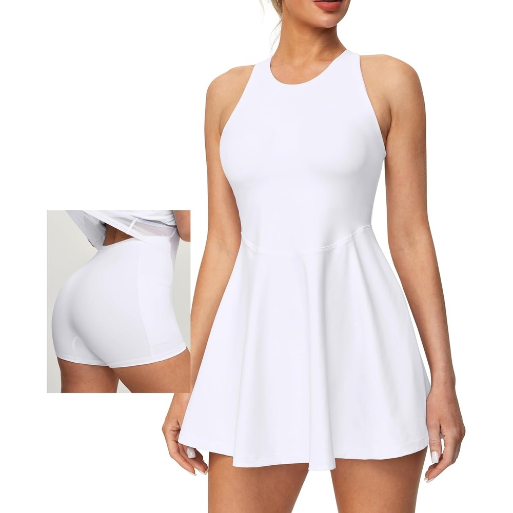 image:imageHeathyoga Womens Tennis Dress with Shorts Underneath Athletic Dress for Women Summer Romper Dresses with Pockets Golf OutfitsWhite