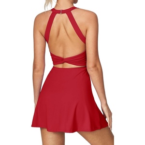 image:imageHeathyoga Tennis Dress with Built in Shorts and Bra Athletic Dress for Women Summer Cut Out Twisted Golf Workout DressRed