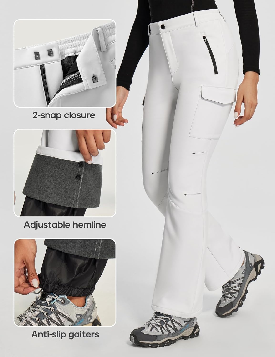 image:imageHeathyoga Snow Ski Pants Women Waterproof Softshell Insulated Fleece Lined Pants Snowboard Hiking Pants for Outdoor WinterWhite