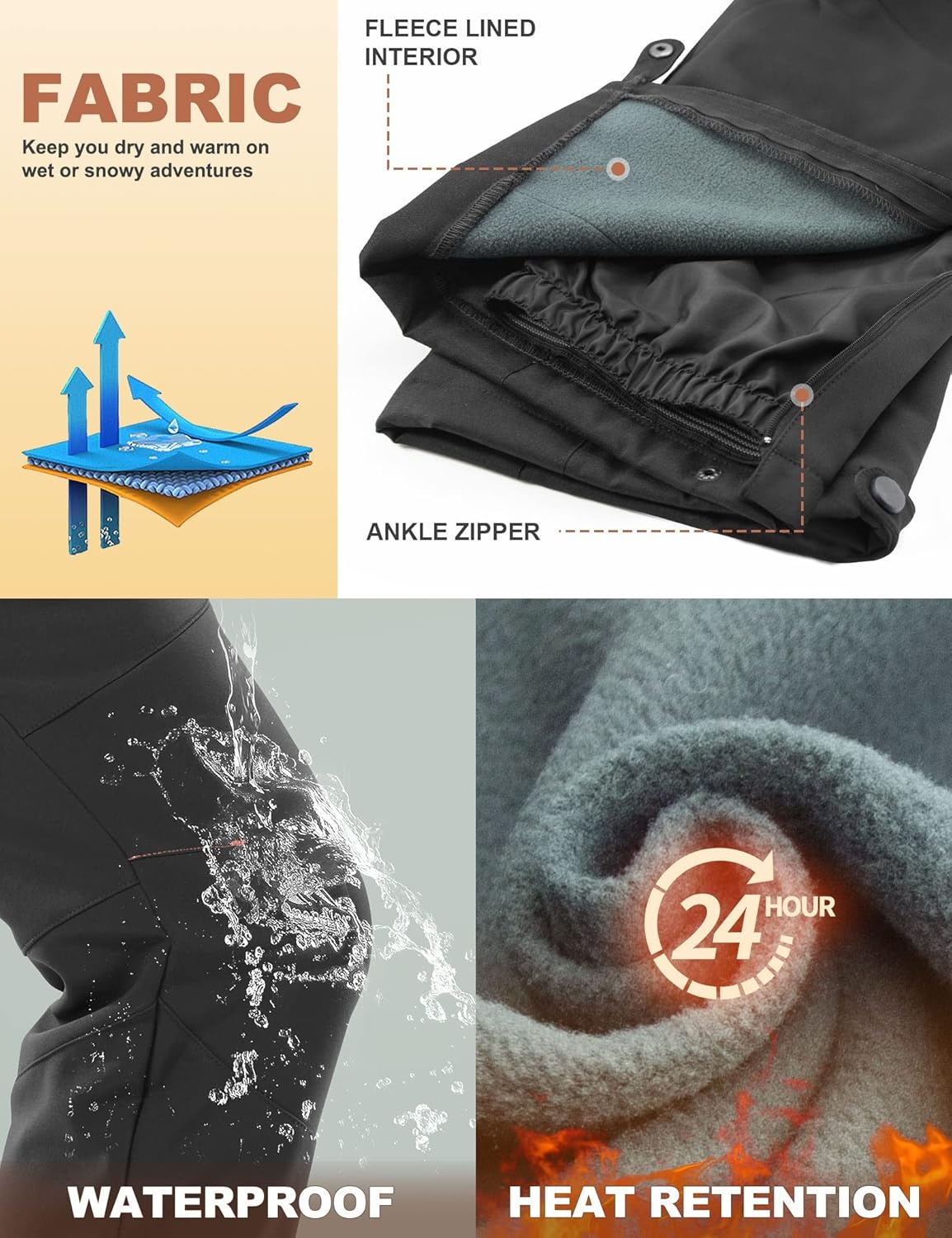 image:imageHeathyoga Snow Ski Pants Women Waterproof Softshell Insulated Fleece Lined Snowboard Pants Hiking Pants for Winter OutdoorBlack