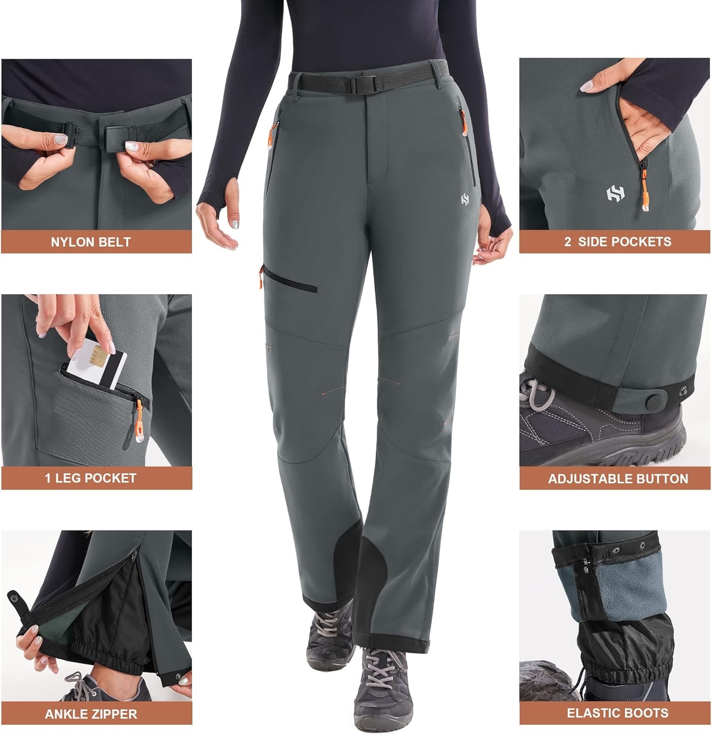 image:imageHeathyoga Snow Ski Pants Women Waterproof Softshell Insulated Fleece Lined Snowboard Pants Hiking Pants for Winter OutdoorGray