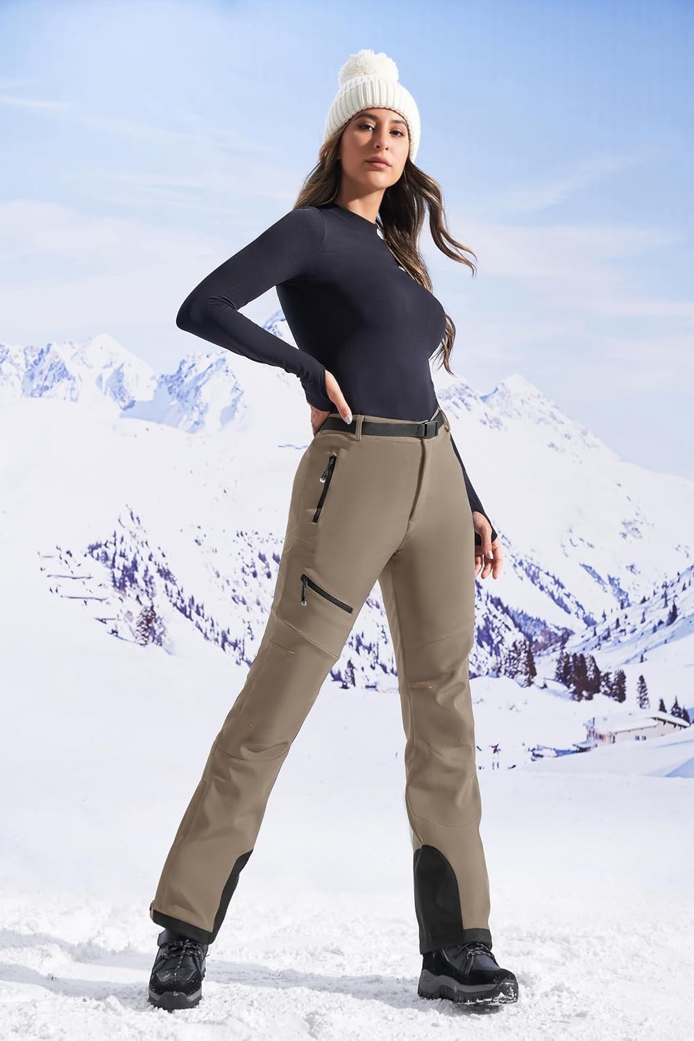 image:imageHeathyoga Snow Ski Pants Women Waterproof Softshell Insulated Fleece Lined Snowboard Pants Hiking Pants for Winter OutdoorKhaki