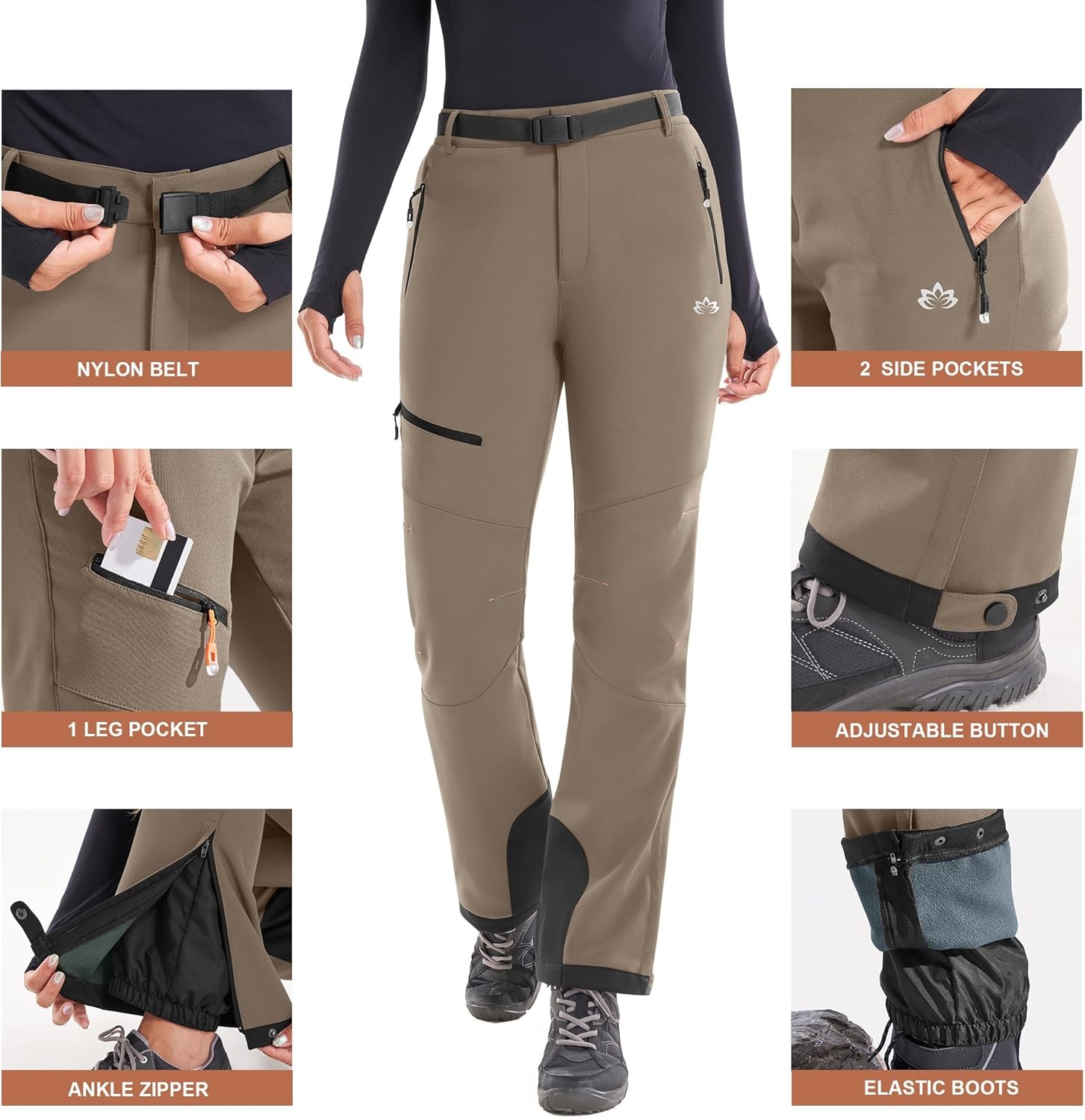 image:imageHeathyoga Snow Ski Pants Women Waterproof Softshell Insulated Fleece Lined Snowboard Pants Hiking Pants for Winter OutdoorKhaki