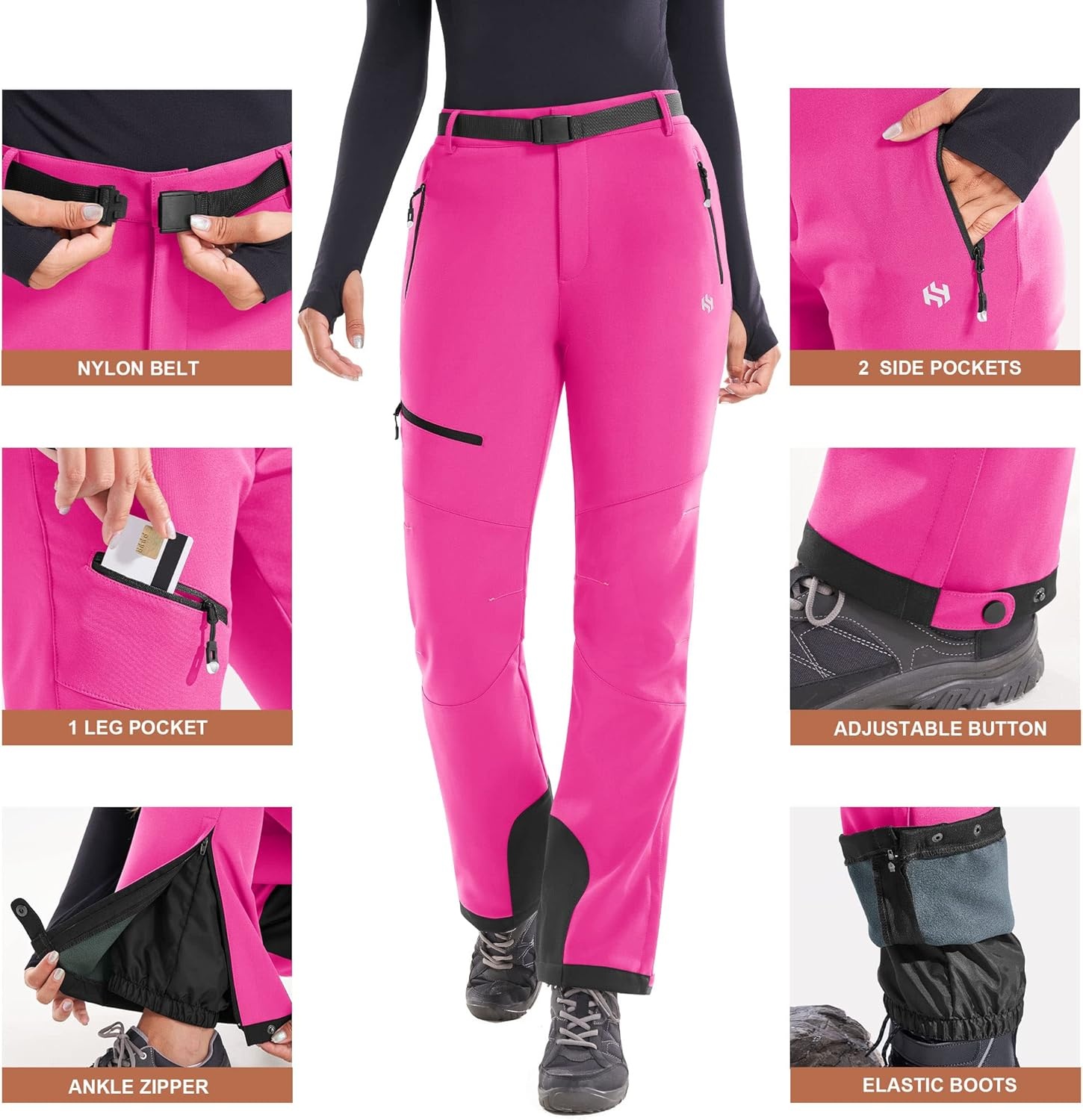 image:imageHeathyoga Snow Ski Pants Women Waterproof Softshell Insulated Fleece Lined Snowboard Pants Hiking Pants for Winter OutdoorPink
