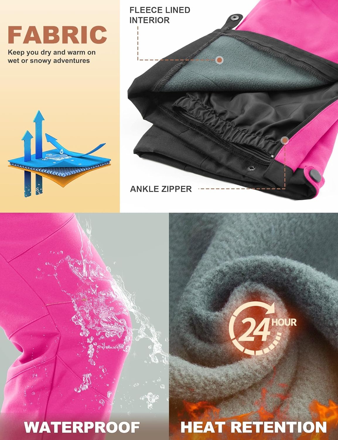image:imageHeathyoga Snow Ski Pants Women Waterproof Softshell Insulated Fleece Lined Snowboard Pants Hiking Pants for Winter OutdoorPink