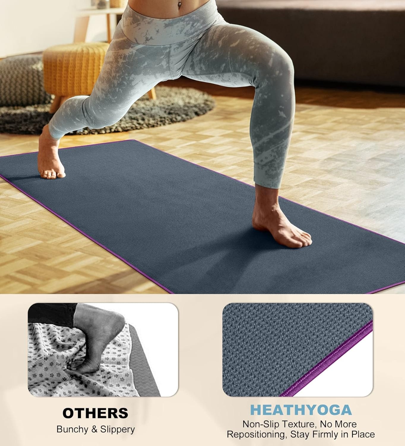 image:imageHeathyoga Hot Yoga Towel Non Slip Microfiber Non Slip Yoga Mat Towel Exclusive Corner Pockets Design DualGrip Sweat Absorbent Perfect for Hot Yoga Bikram Pilates and Yoga MatsCharcoal