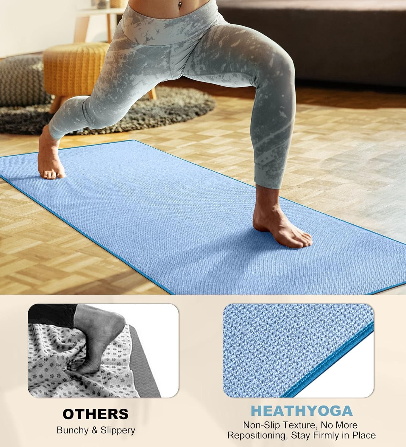 image:imageHeathyoga Hot Yoga Towel Non Slip Microfiber Non Slip Yoga Mat Towel Exclusive Corner Pockets Design DualGrip Sweat Absorbent Perfect for Hot Yoga Bikram Pilates and Yoga MatsBlue