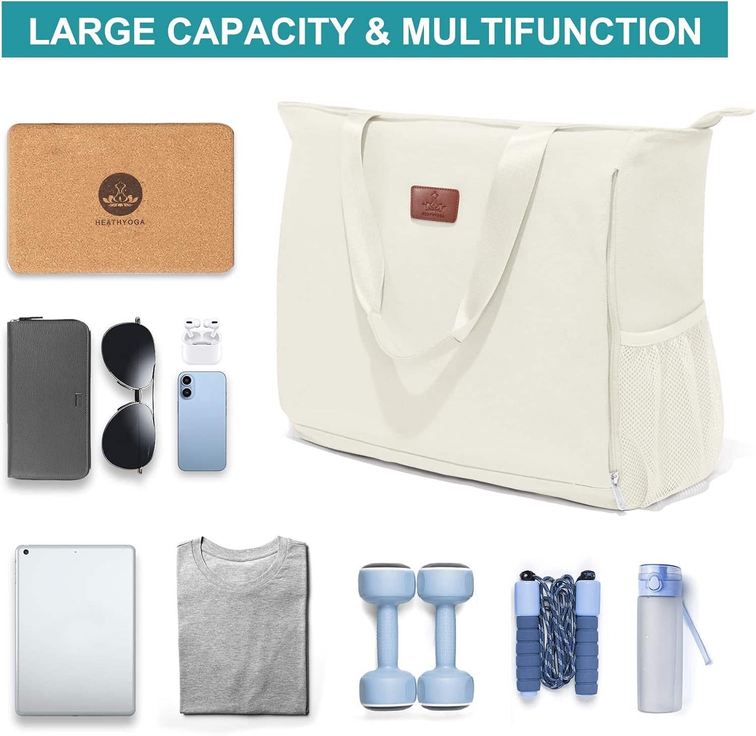 image:imageHeathyoga MultiFunctional Yoga Mat Carrier Gym Tote Bag Large Mat Pocket Womens Workout BagZipperBeige