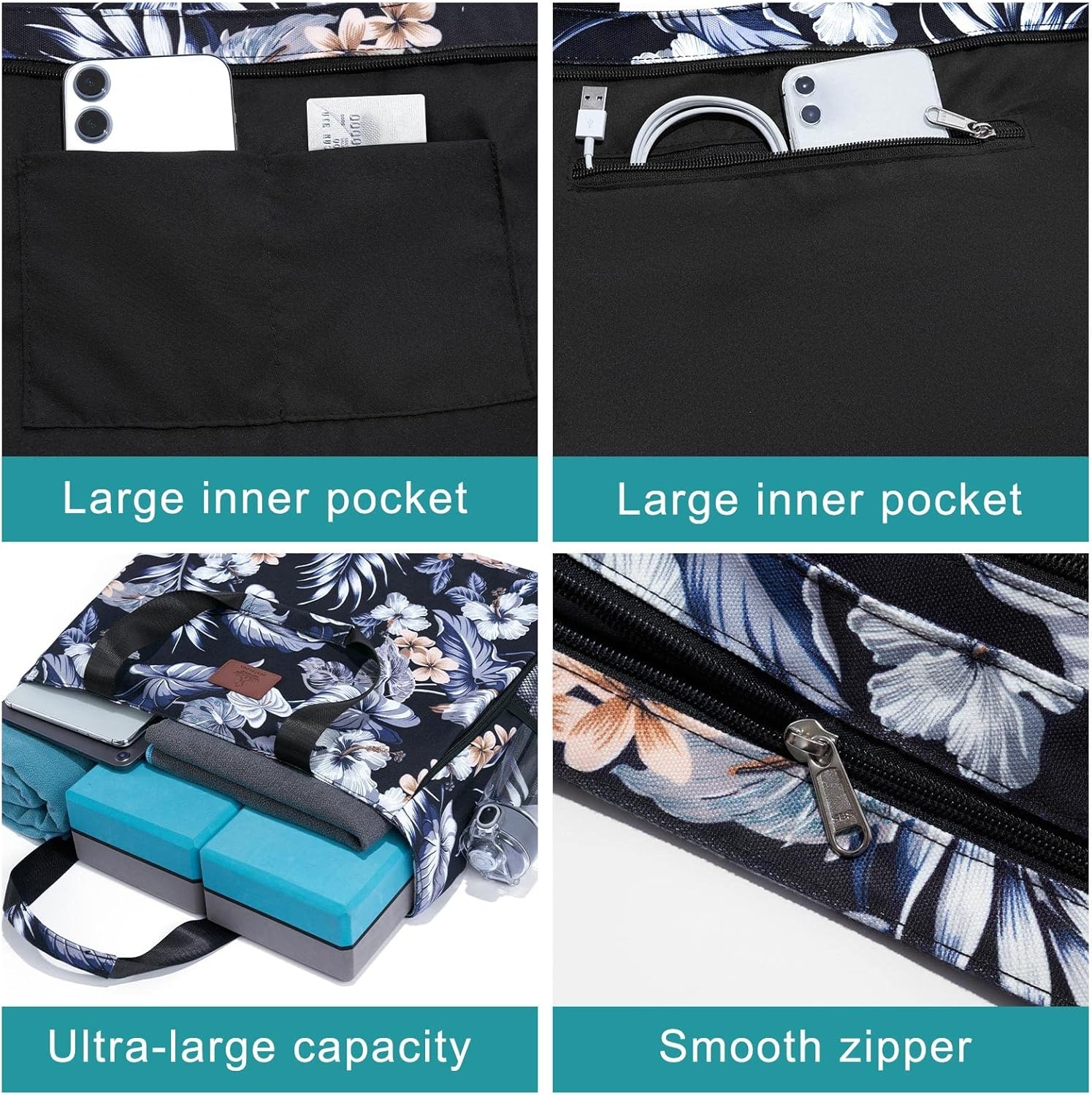 image:imageHeathyoga MultiFunctional Yoga Mat Carrier Gym Tote Bag Large Mat Pocket Womens Workout BagZipperFlowers