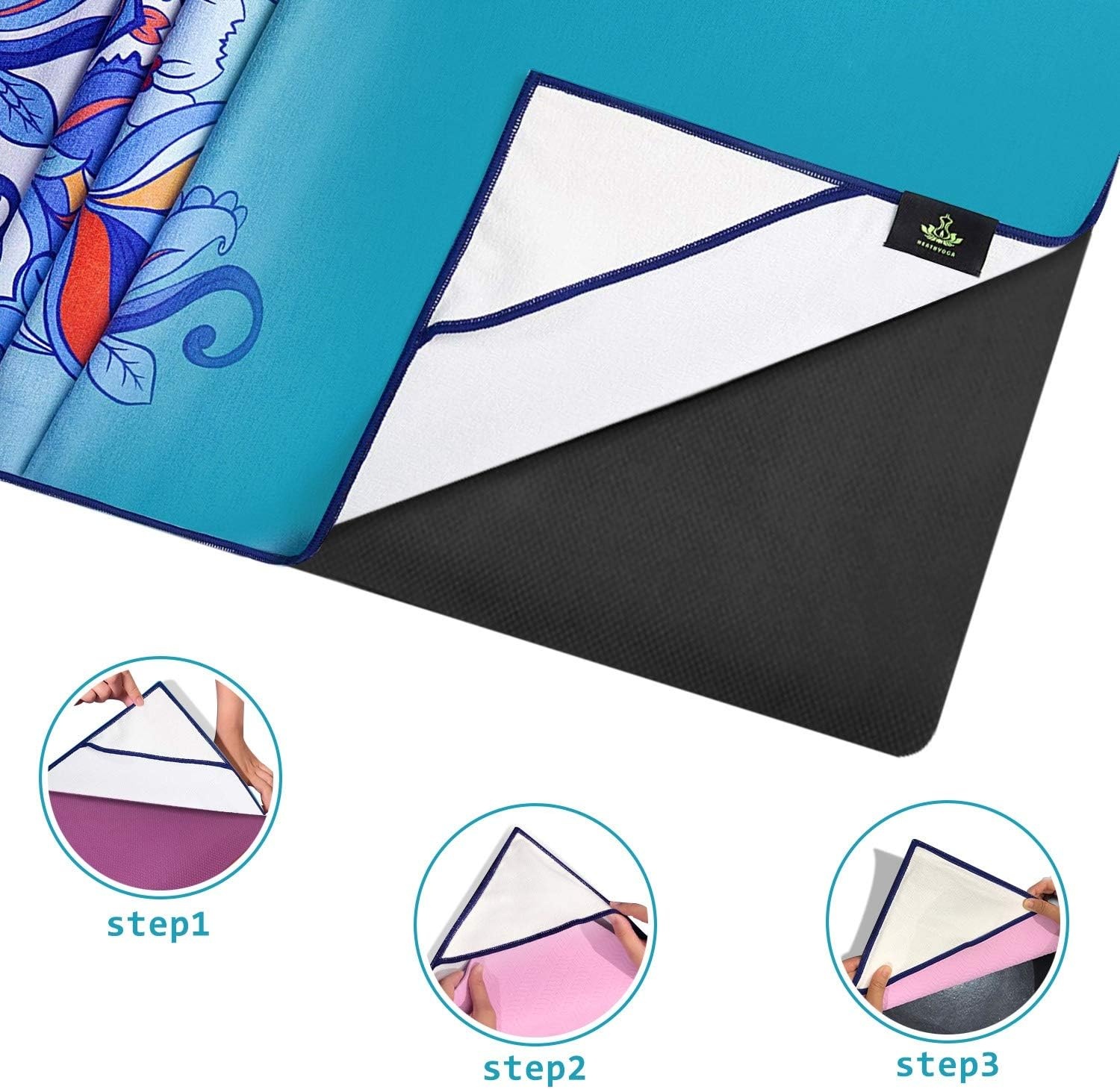 image:imageHeathyoga Non Slip Hot Yoga Towel 100 Microfiber Non Slip Yoga Mat Towel for Hot Yoga Pilates and Fitness Exclusive Corner Pockets Design Free Spray BottleAqua Mandala