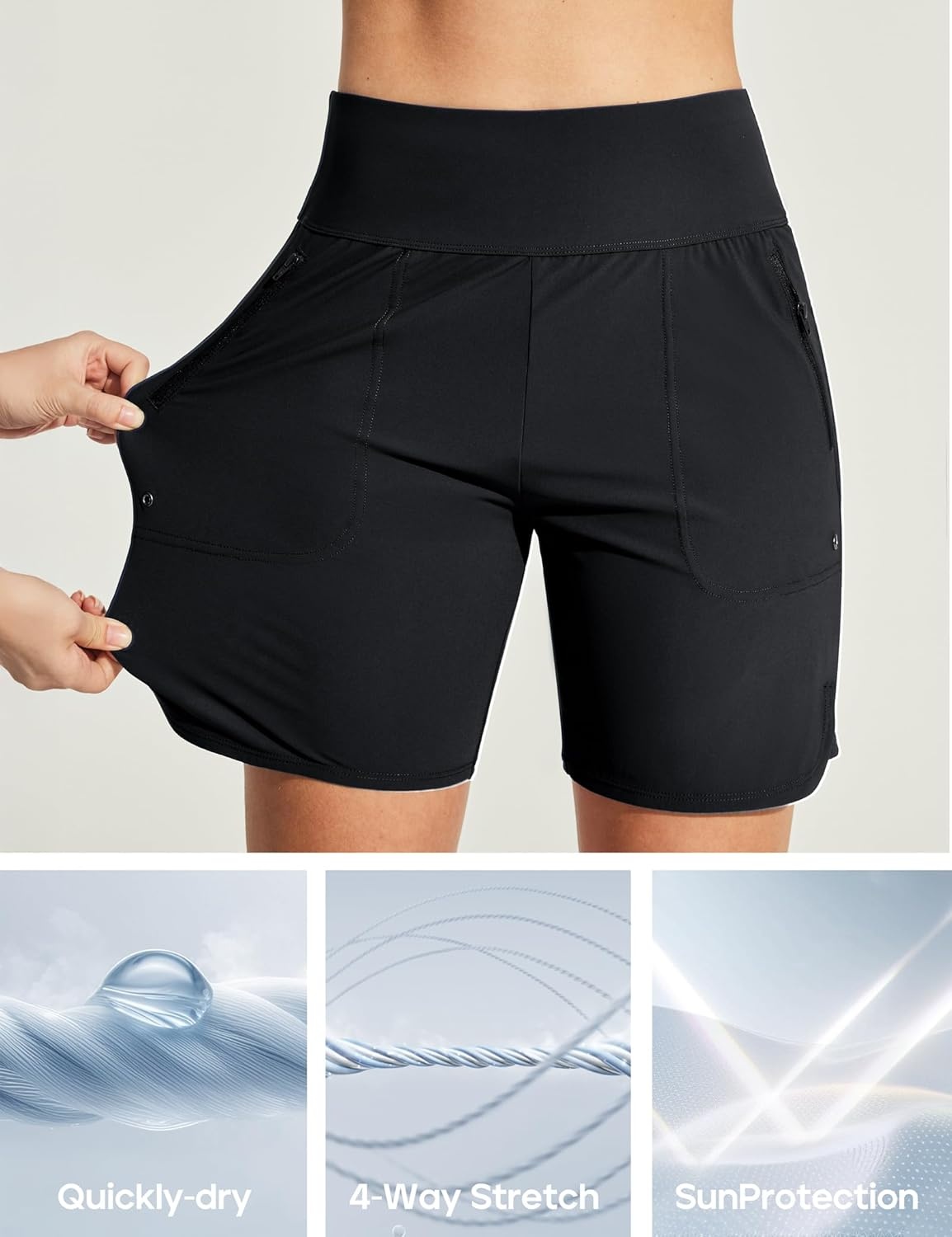 image:imageHeathyoga 7 Swim Board Shorts Women Strechy High Waisted Beach Shorts for Women with Liner Quick Dry Bathing Suit BottomsBlack
