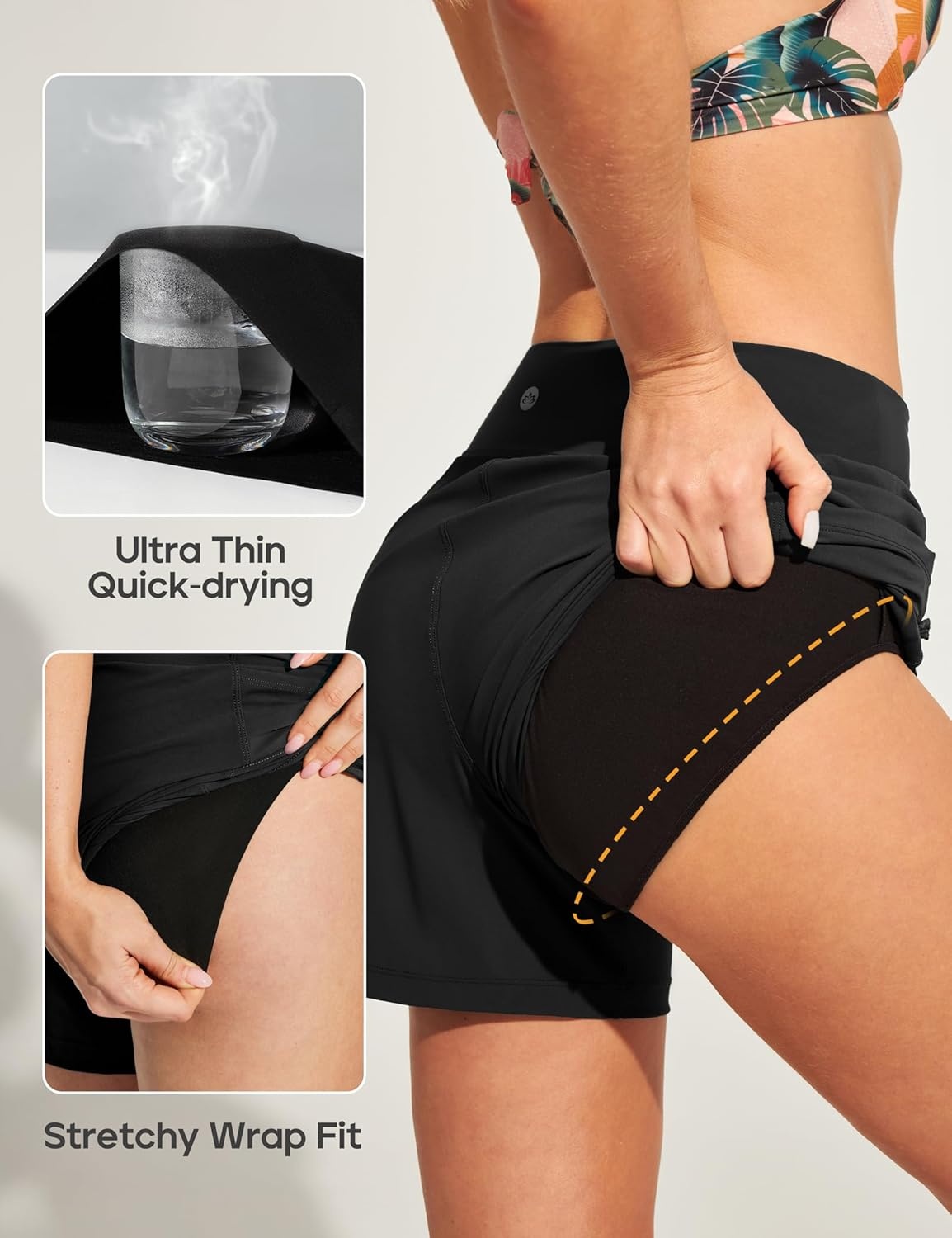 image:imageHeathyoga 7 Swim Board Shorts Women Strechy High Waisted Beach Shorts for Women with Liner Quick Dry Bathing Suit BottomsBlack