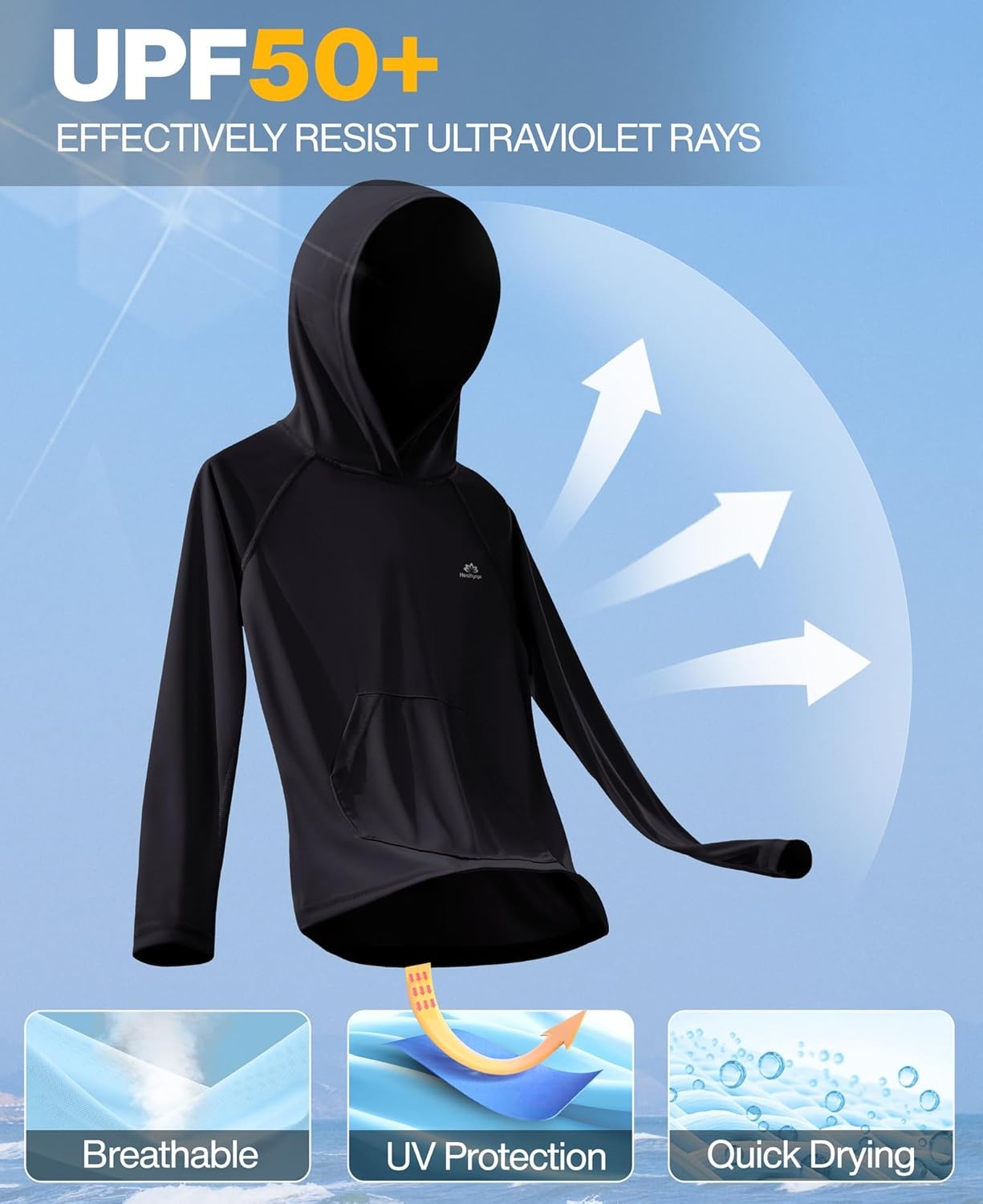 image:imageHeathyoga Rash Guard for Boys Swim Shirt UPF 50 UV Sun Protection Hooded Fishing Shirt with Pocket for Toddler KidHoodie Black