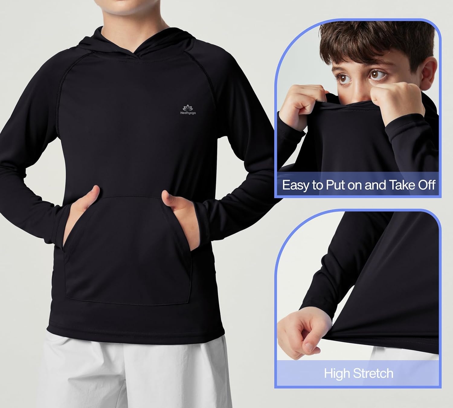 image:imageHeathyoga Rash Guard for Boys Swim Shirt UPF 50 UV Sun Protection Hooded Fishing Shirt with Pocket for Toddler KidHoodie Black