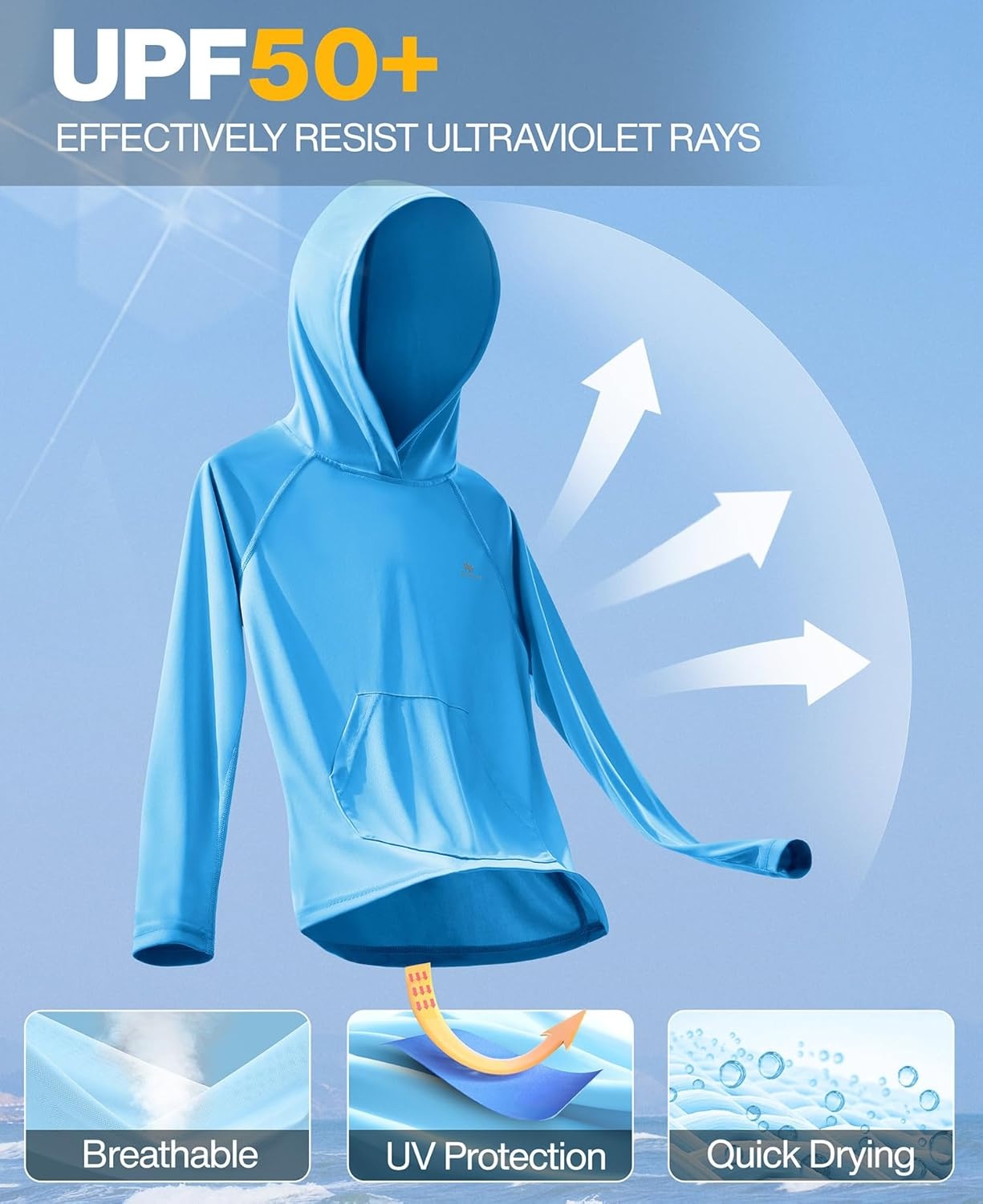 image:imageHeathyoga Rash Guard for Boys Swim Shirt UPF 50 UV Sun Protection Hooded Fishing Shirt with Pocket for Toddler KidHoodie Blue