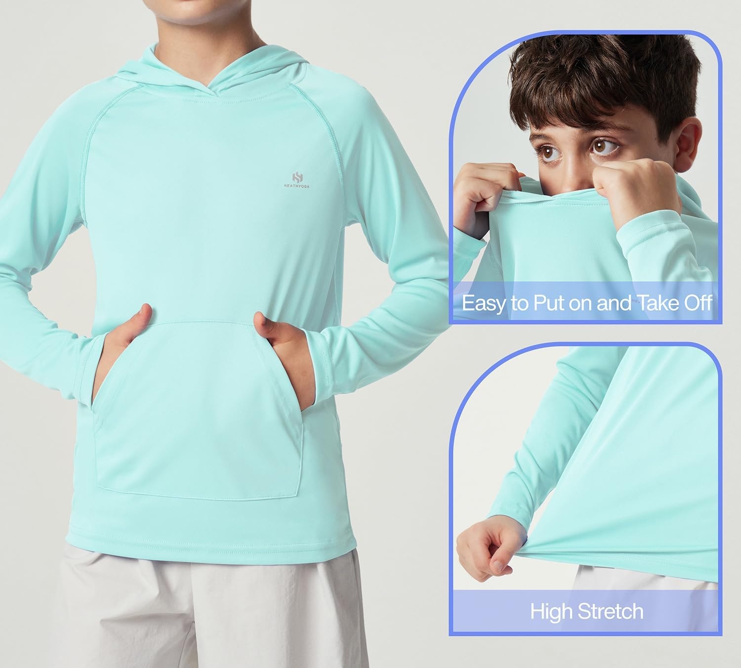 image:imageHeathyoga Rash Guard for Boys Swim Shirt UPF 50 UV Sun Protection Hooded Fishing Shirt with Pocket for Toddler KidHoodie Green