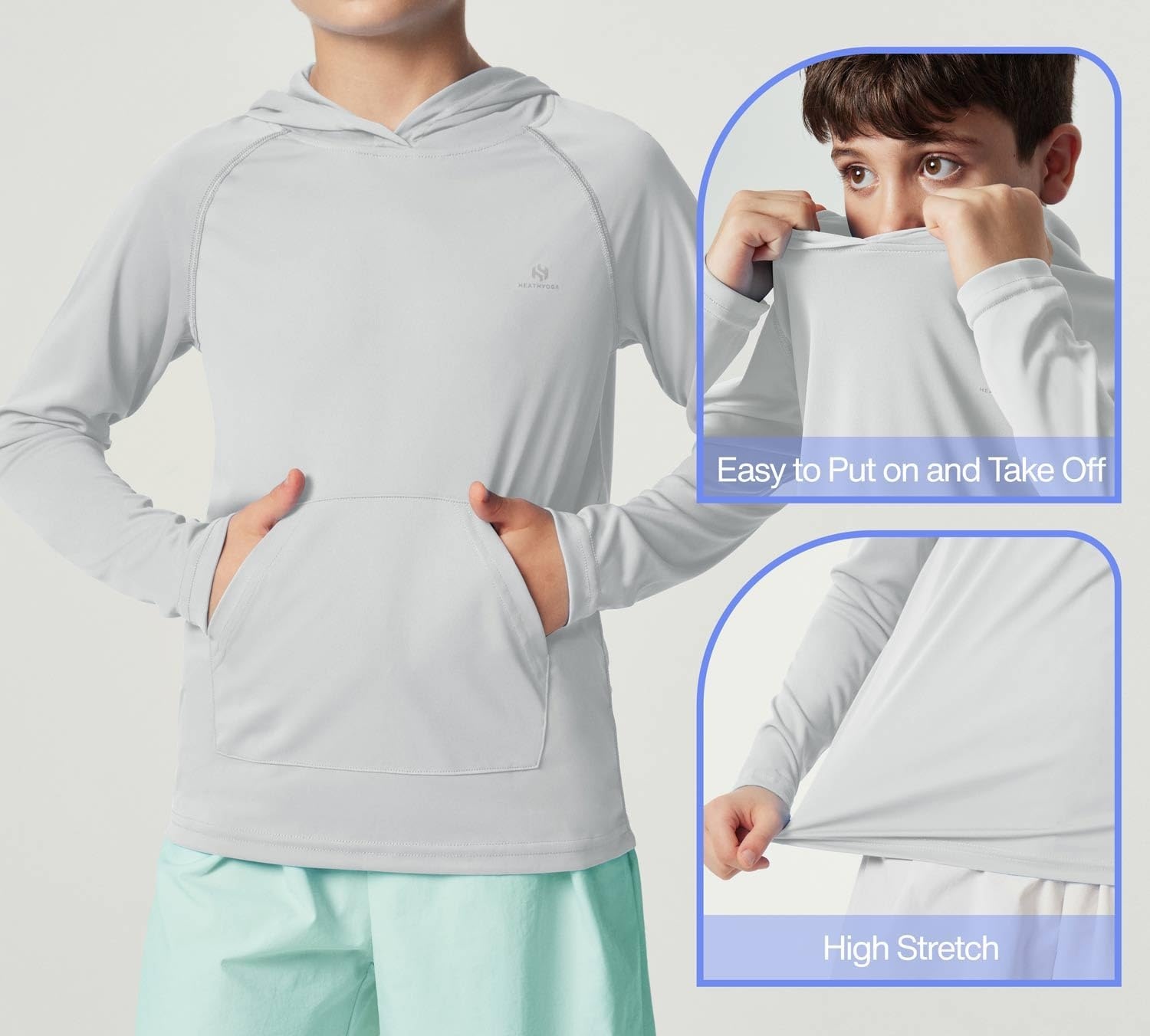 image:imageHeathyoga Rash Guard for Boys Swim Shirt UPF 50 UV Sun Protection Hooded Fishing Shirt with Pocket for Toddler KidHoodie Grey