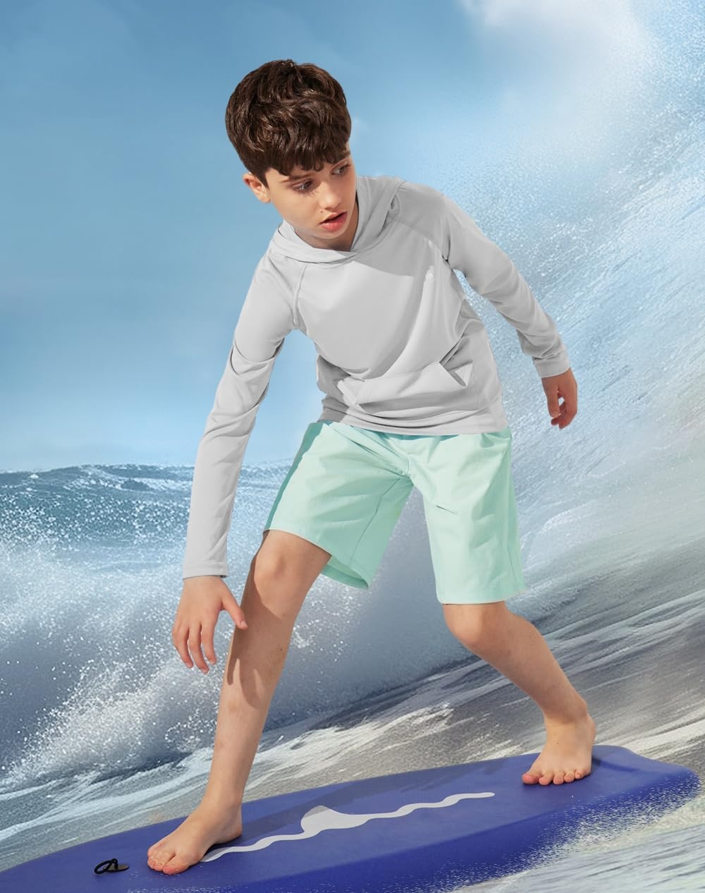 image:imageHeathyoga Rash Guard for Boys Swim Shirt UPF 50 UV Sun Protection Hooded Fishing Shirt with Pocket for Toddler KidHoodie Grey