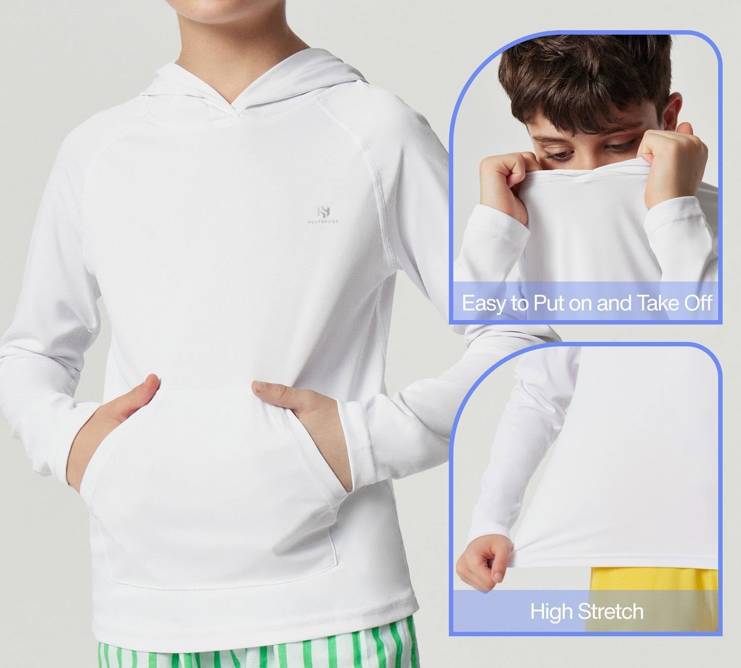 image:imageHeathyoga Rash Guard for Boys Swim Shirt UPF 50 UV Sun Protection Hooded Fishing Shirt with Pocket for Toddler KidHoodie White