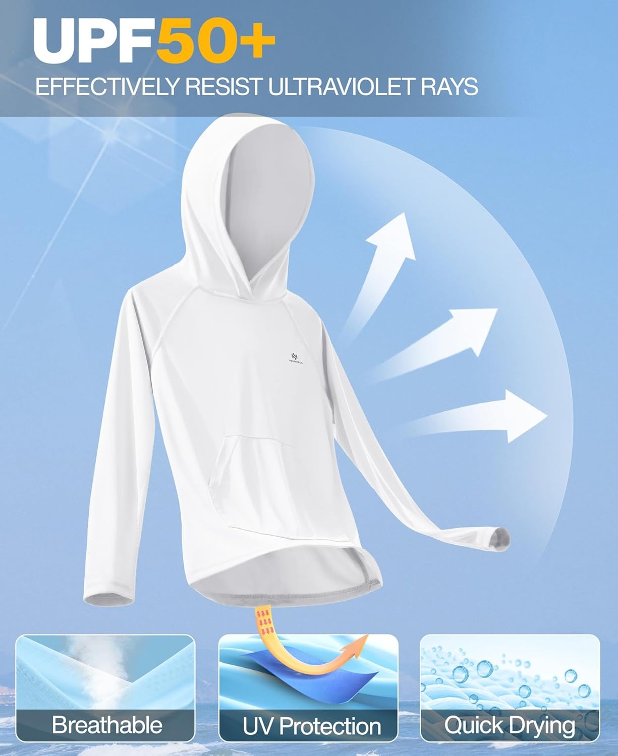 image:imageHeathyoga Rash Guard for Boys Swim Shirt UPF 50 UV Sun Protection Hooded Fishing Shirt with Pocket for Toddler KidHoodie White
