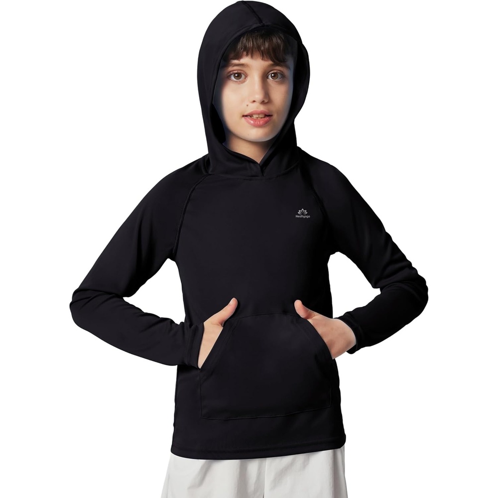 image:imageHeathyoga Rash Guard for Boys Swim Shirt UPF 50 UV Sun Protection Hooded Fishing Shirt with Pocket for Toddler KidHoodie Black