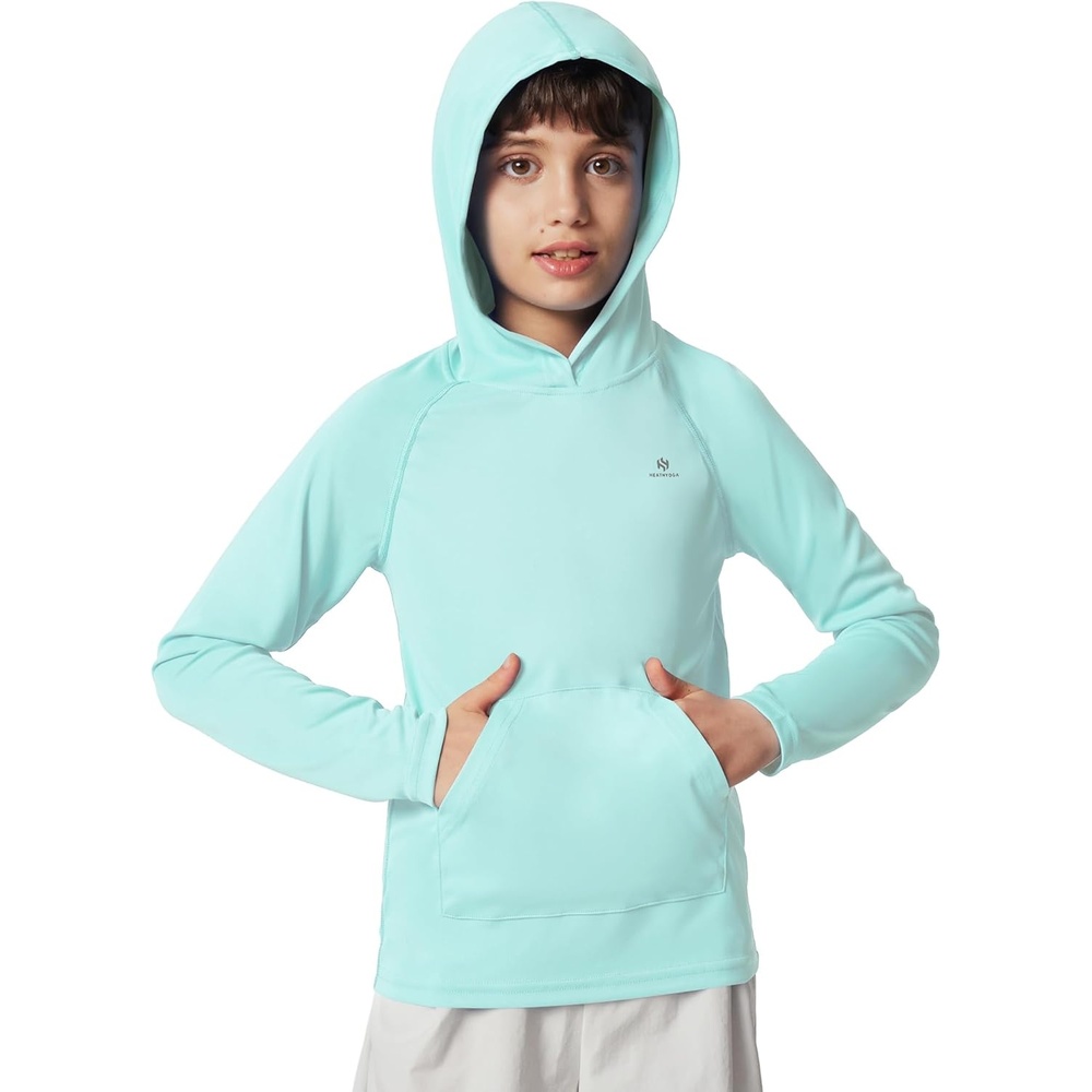 image:imageHeathyoga Rash Guard for Boys Swim Shirt UPF 50 UV Sun Protection Hooded Fishing Shirt with Pocket for Toddler KidHoodie Green