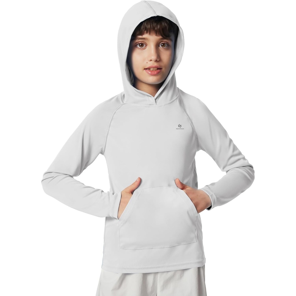 image:imageHeathyoga Rash Guard for Boys Swim Shirt UPF 50 UV Sun Protection Hooded Fishing Shirt with Pocket for Toddler KidHoodie Grey