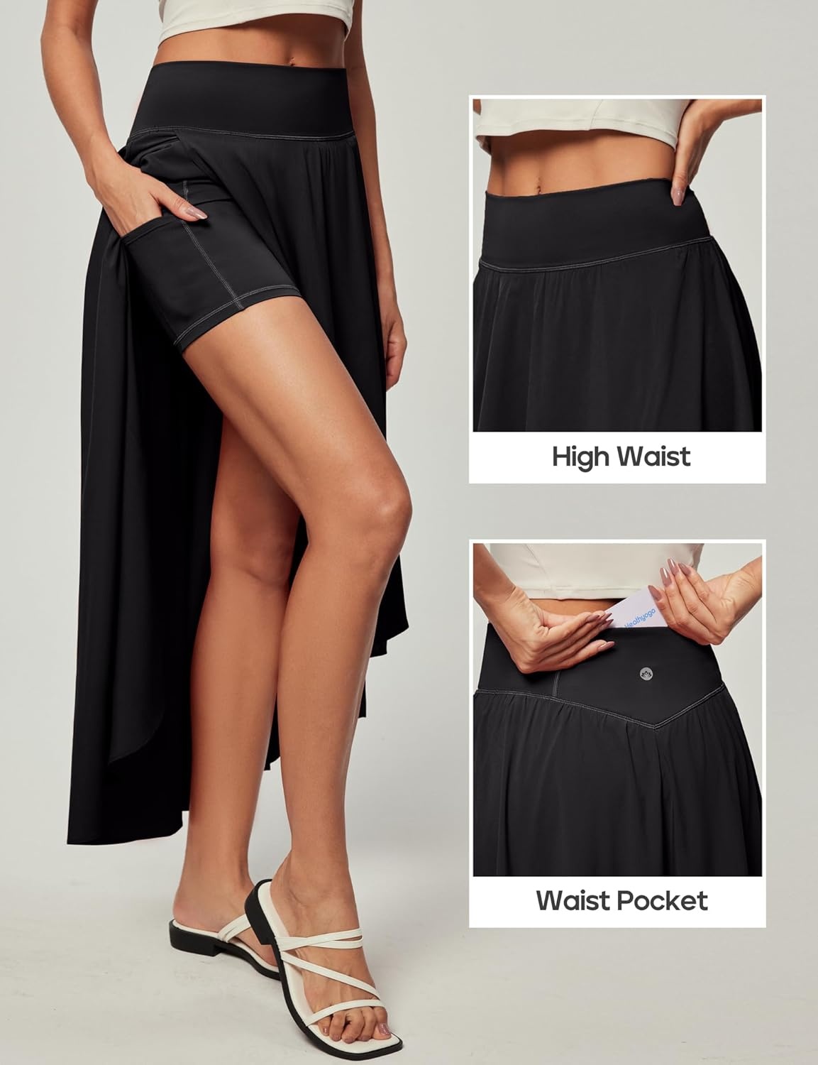 image:imageHeathyoga High Waist Wrap Skirt with Shorts Flowy Skirts for Women Trendy Summer Ruffle High Low Maxi Skirt with SlitBlack