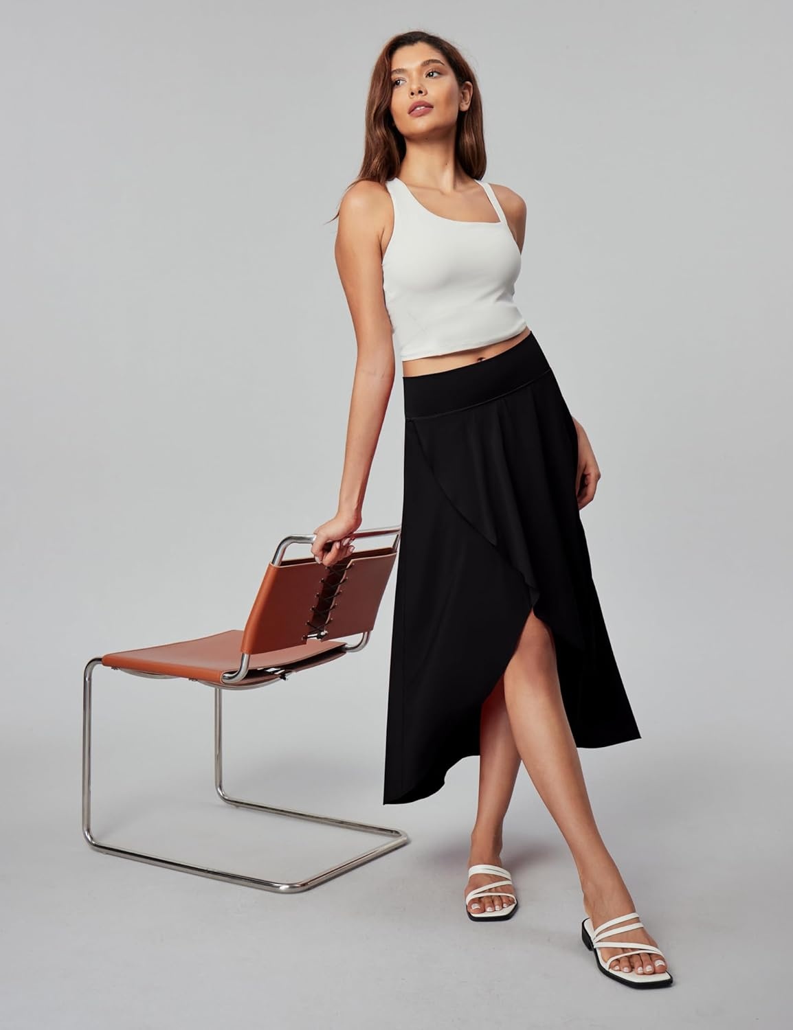 image:imageHeathyoga High Waist Wrap Skirt with Shorts Flowy Skirts for Women Trendy Summer Ruffle High Low Maxi Skirt with SlitBlack