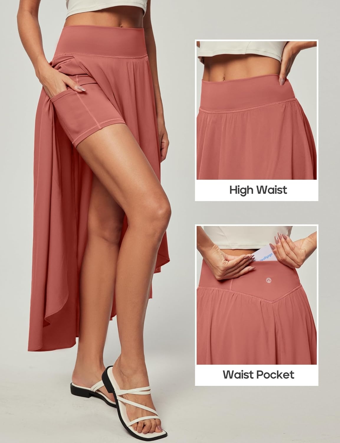 image:imageHeathyoga High Waist Wrap Skirt with Shorts Flowy Skirts for Women Trendy Summer Ruffle High Low Maxi Skirt with SlitCoral