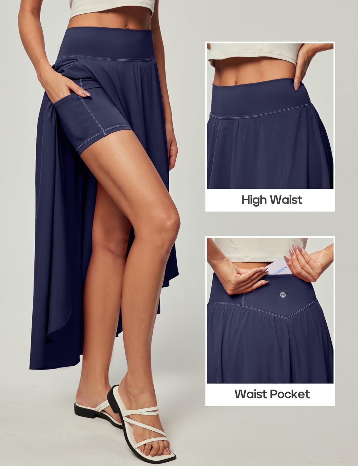 image:imageHeathyoga High Waist Wrap Skirt with Shorts Flowy Skirts for Women Trendy Summer Ruffle High Low Maxi Skirt with SlitDark Blue