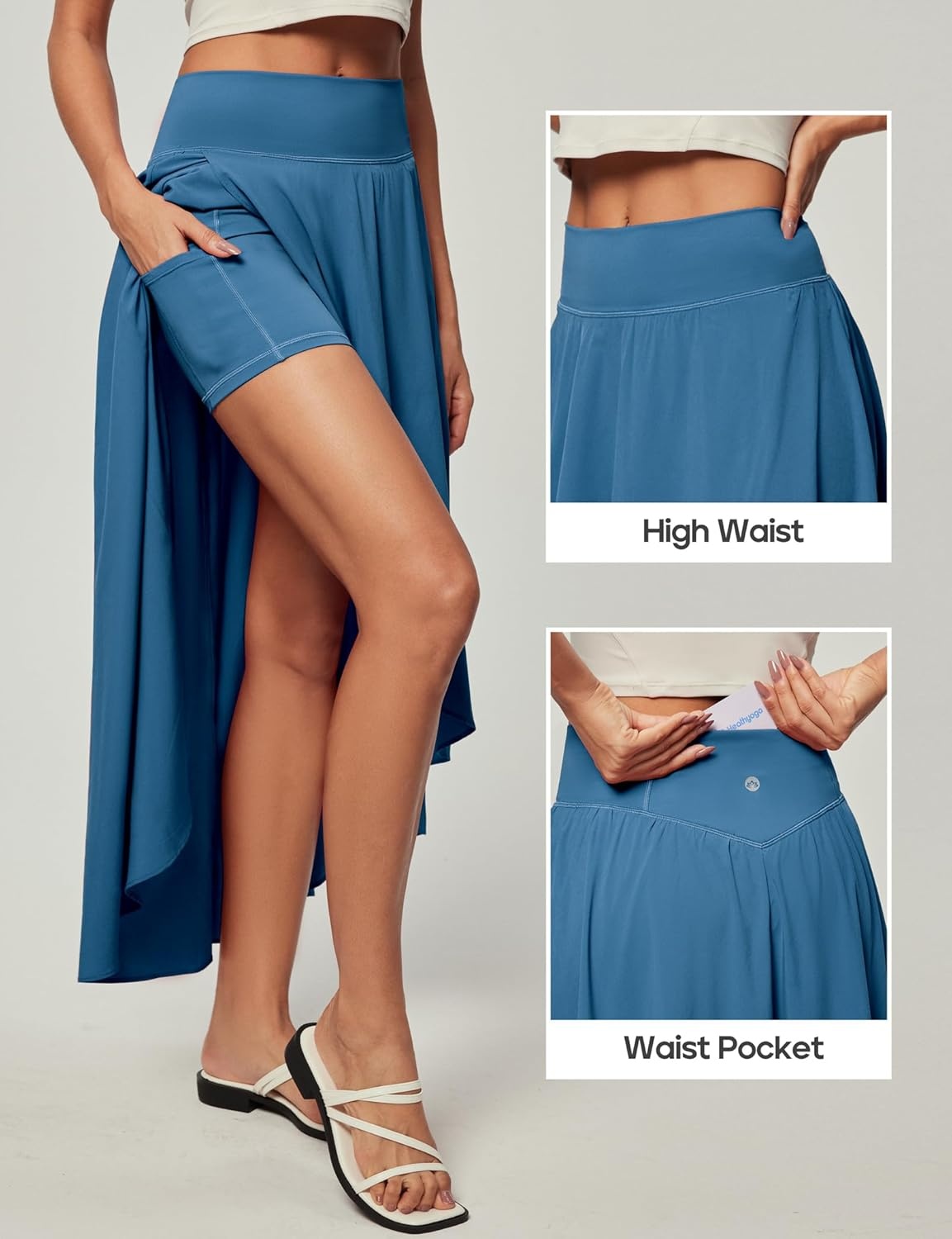 image:imageHeathyoga High Waist Wrap Skirt with Shorts Flowy Skirts for Women Trendy Summer Ruffle High Low Maxi Skirt with SlitIndigo